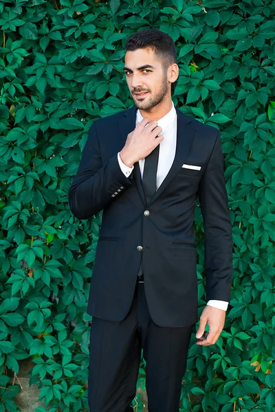 Elegante hombre de negocios de pie sobre hojas de fondo —  Fotos de Stock