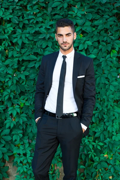 Elegante hombre de negocios de pie sobre hojas de fondo —  Fotos de Stock