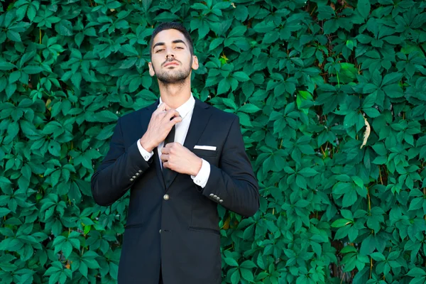 Elegante uomo d'affari in piedi su sfondo foglie — Foto Stock