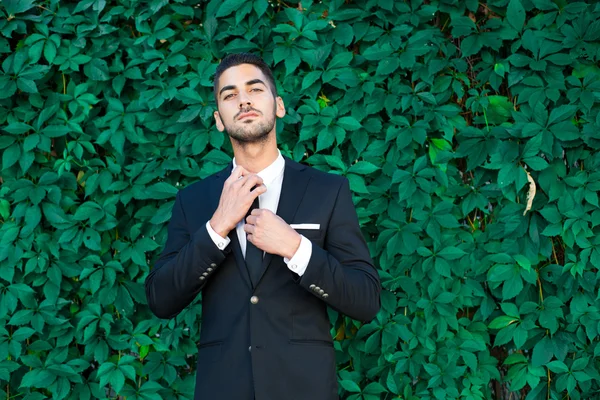 Élégant homme d'affaires debout sur fond de feuilles — Photo