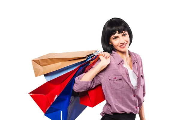 Joven morena mujer con bolsas de compras —  Fotos de Stock