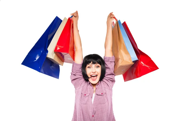 Genç esmer kızla alışveriş torbaları — Stok fotoğraf