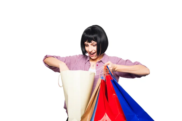 Joven morena mujer con bolsas de compras —  Fotos de Stock