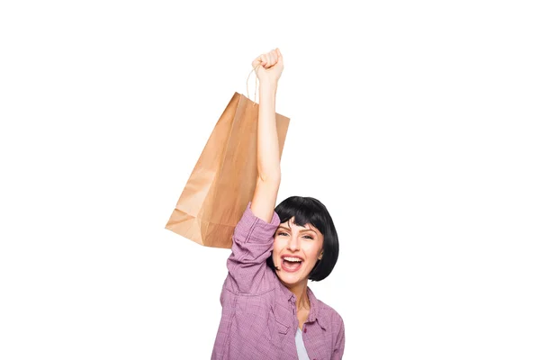 Young brunette woman with shopping bag — Stock Photo, Image