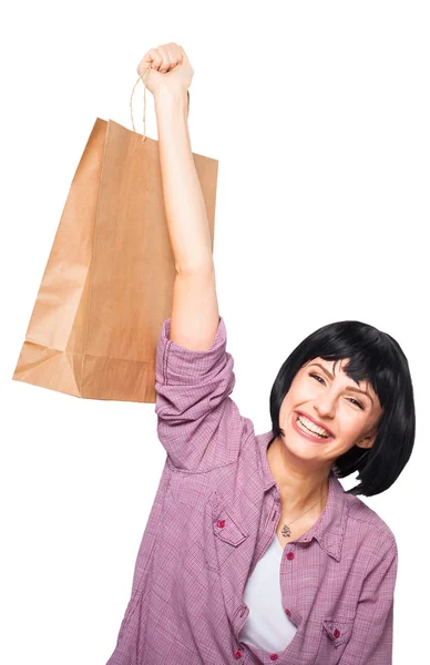 Jeune femme brune avec sac à provisions — Photo