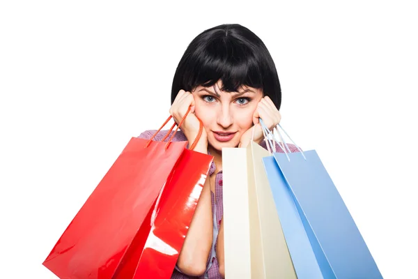 Joven morena mujer con bolsas de compras —  Fotos de Stock