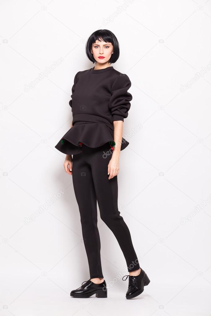young brunette woman posing fashion with modern clothes