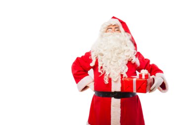 Noel Baba beyaz kopya alanı ile izole hediyeler ile