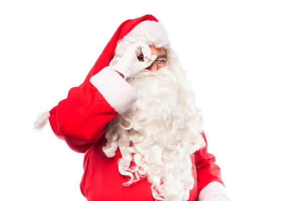 Santa claus avec lunettes et gants blancs sur blanc, avec copie sp — Photo