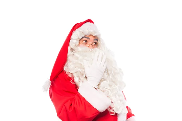 Santa claus with glasses and white gloves on white, with copy sp — Stock Photo, Image