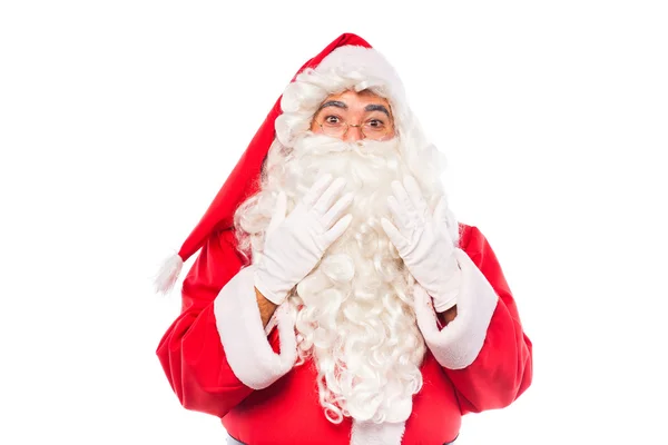 Santa Claus con gafas y guantes blancos sobre blanco, con copia sp — Foto de Stock