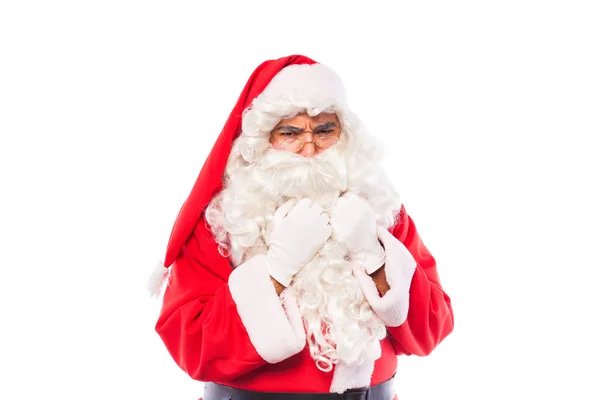 Jultomte med glasögon och vita handskar på vitt, kopia sp — Stockfoto