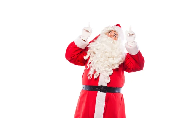 Santa claus pekar på vitt, med kopia utrymme — Stockfoto