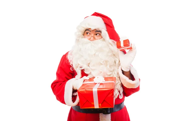 Santa claus with gifts isolated on white, with copy space — Stock Photo, Image