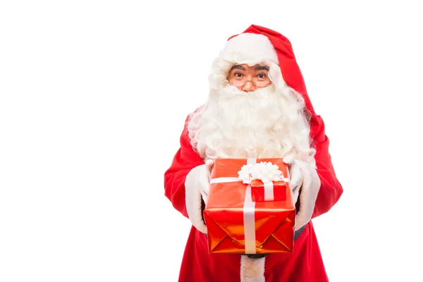 Santa claus with gifts isolated on white, with copy space — Stock Photo, Image