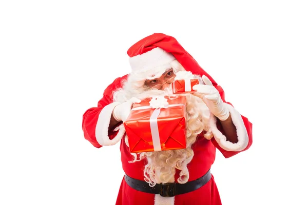 Santa claus met geschenken geïsoleerd op wit, met kopie ruimte — Stockfoto
