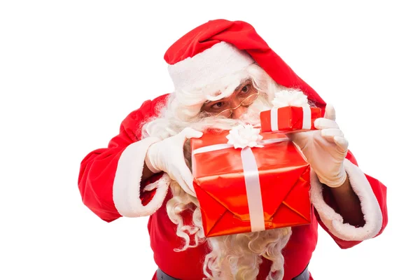 Santa Claus con regalos aislados en blanco, con espacio para copias — Foto de Stock