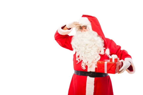 Santa claus with gifts isolated on white, with copy space — Stock Photo, Image