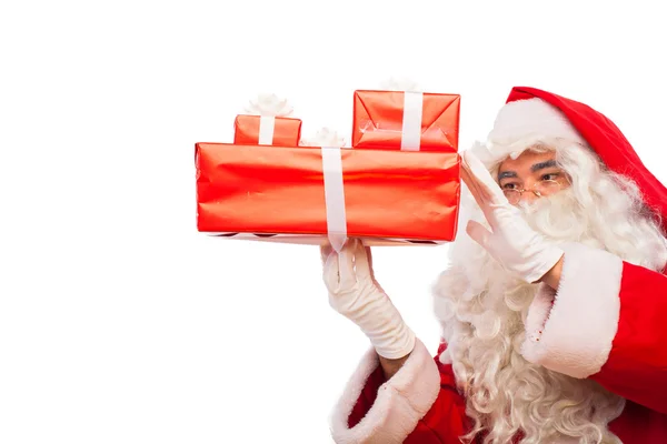 Santa claus met geschenken geïsoleerd op wit, met kopie ruimte — Stockfoto