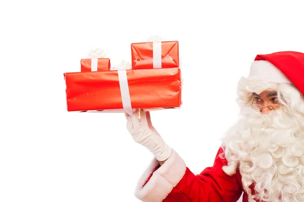 Babbo Natale con regali isolati su bianco, con spazio copia — Foto Stock