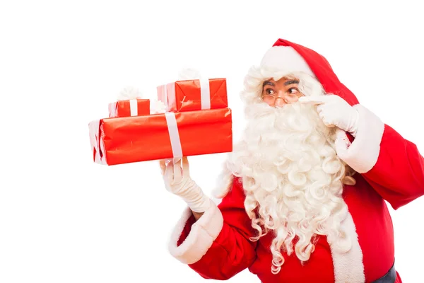 Babbo Natale con regali isolati su bianco, con spazio copia — Foto Stock