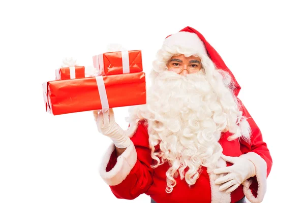 Santa claus with gifts isolated on white, with copy space — Stock Photo, Image