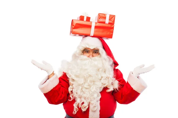 Santa Claus con regalos aislados en blanco, con espacio para copias — Foto de Stock