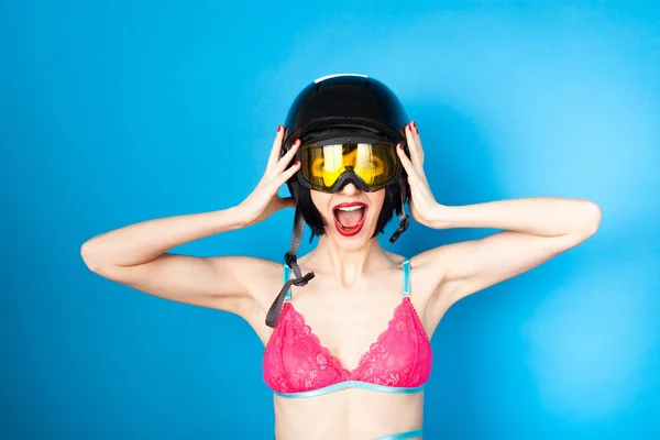 Sexy woman in lingerie wearing ski helmet — Stock Photo, Image