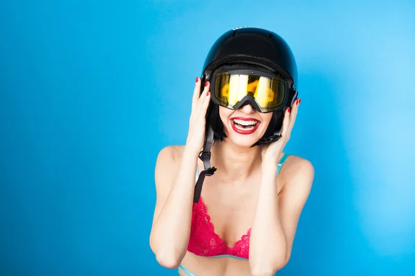 Sexy woman in lingerie wearing ski helmet — Stock Photo, Image