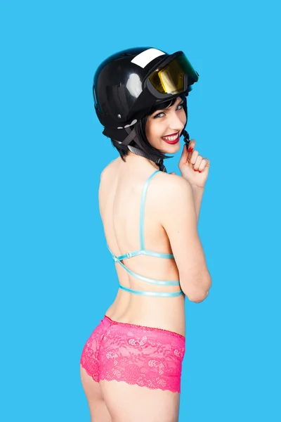 Sexy Frau in Dessous mit Skihelm — Stockfoto