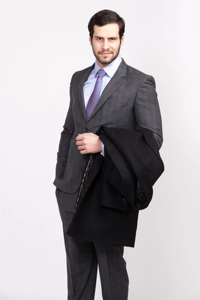 Guapo hombre de negocios de oficina con barba vestido con traje elegante , — Foto de Stock