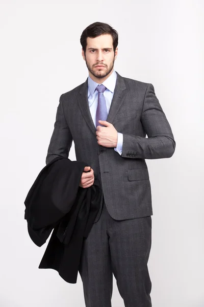 Guapo hombre de negocios de oficina con barba vestido con traje elegante , — Foto de Stock