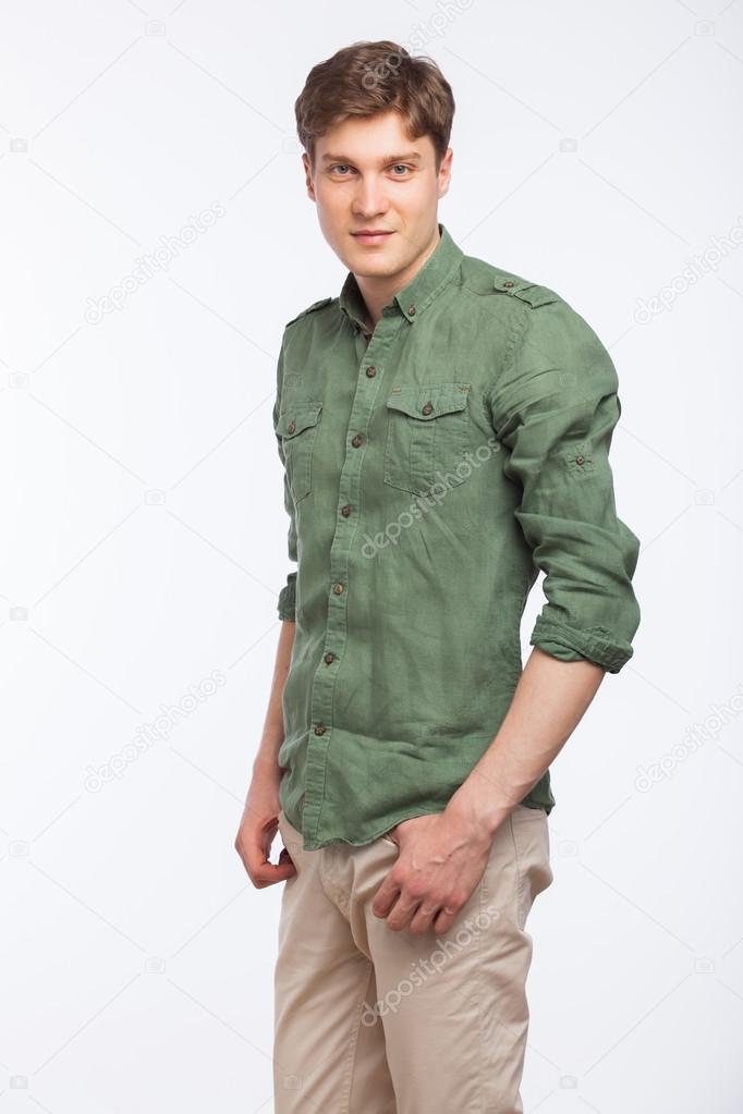 young blonde man modern dressed on white