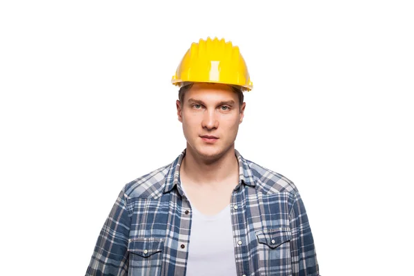 Retrato de un trabajador con casco amarillo en la cabeza —  Fotos de Stock