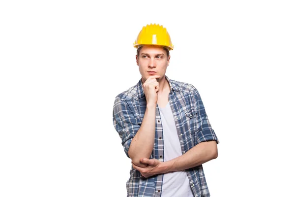 Retrato de un trabajador con casco amarillo en la cabeza —  Fotos de Stock