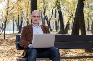 bir bankta dışında dizüstü çalışan eski iş adamları