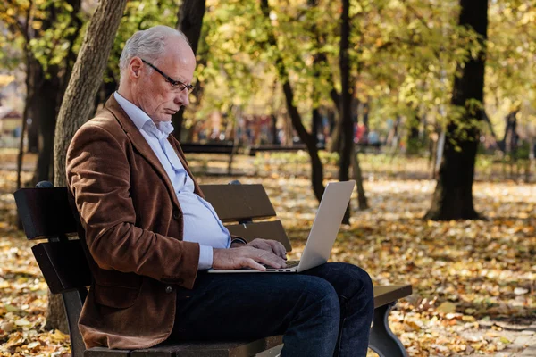 bir bankta dışında dizüstü çalışan eski iş adamları