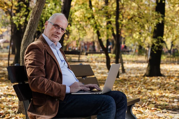 bir bankta dışında dizüstü çalışan eski iş adamları