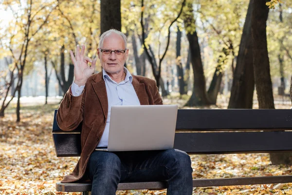 Alte Geschäftsleute, die draußen auf einer Bank am Laptop arbeiten — Stockfoto