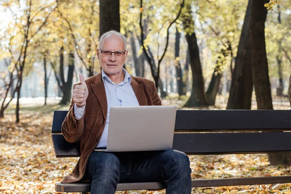 Vecchi uomini d'affari che lavorano al computer portatile fuori su una panchina — Foto Stock