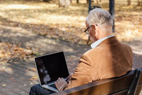 Alte Geschäftsleute, die draußen auf einer Bank am Laptop arbeiten — Stockfoto