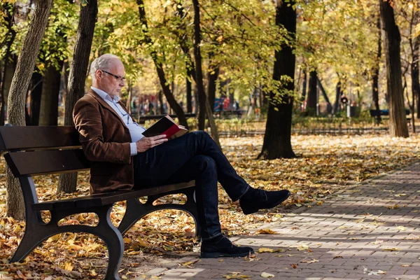 Alter eleganter Mann liest draußen ein Buch — Stockfoto