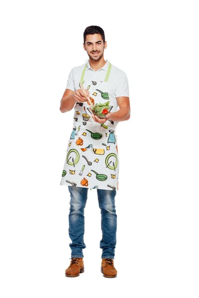 Handsome man with kitchen apron, isolated on white — Stock Photo, Image