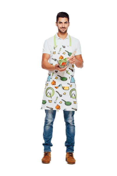 Handsome man with kitchen apron, isolated on white — Stock Photo, Image