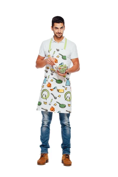 Handsome man with kitchen apron, isolated on white — Stock Photo, Image