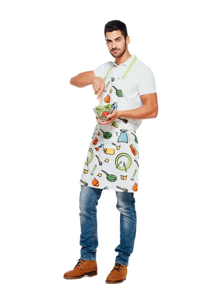Bell'uomo con grembiule da cucina, isolato su bianco — Foto Stock