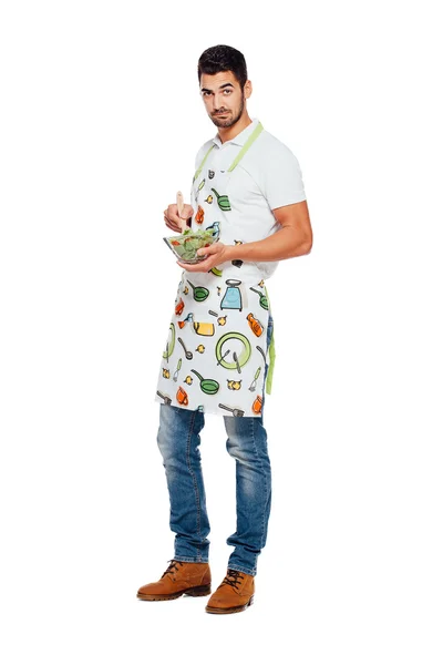 Handsome man with kitchen apron, isolated on white — Stock Photo, Image
