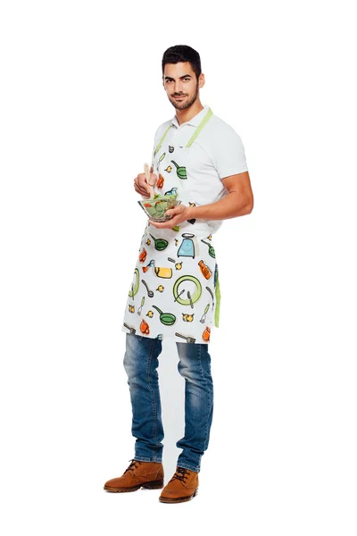 Jóképű férfi konyhai kötény, elszigetelt fehér — Stock Fotó