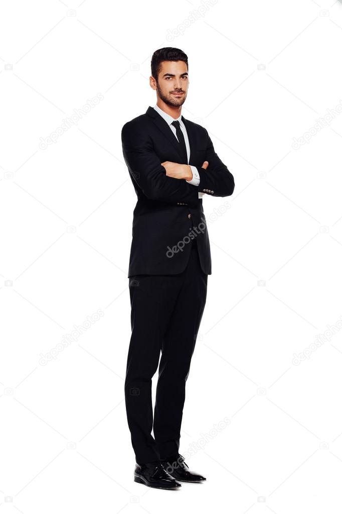 elegant man in black suit, on white