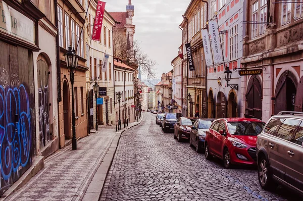Prag Tjeckien Feb 2018 Gammal Smal Gata Centrala Delen Staden — Stockfoto